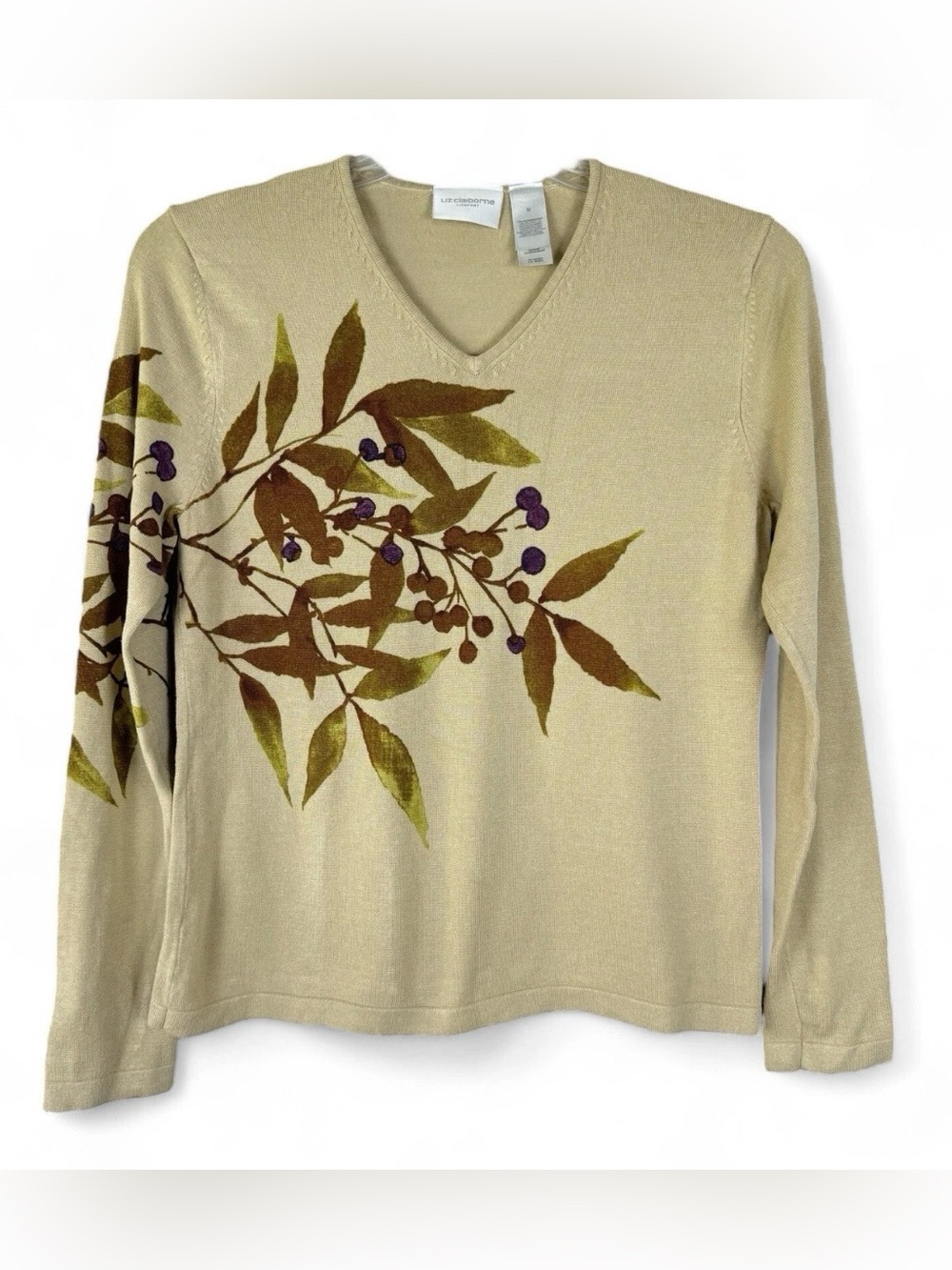 Liz Claiborne Top Womens M Medium Long Sleeve Dark Beige Brown Stretch‎ Rayon